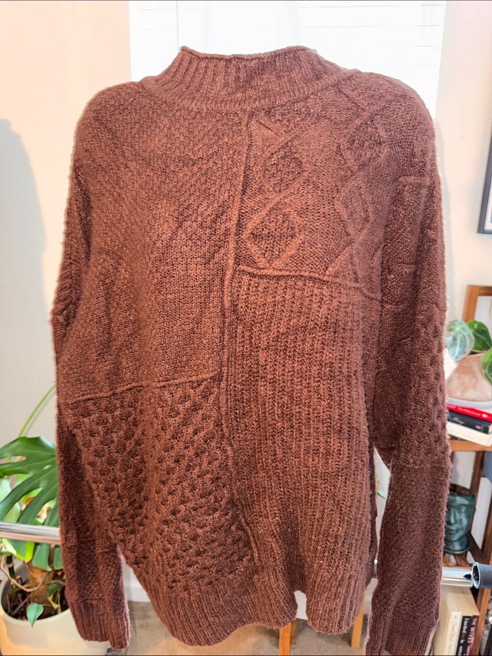 American Eagle Outfitters Patchwork Cable Crew Neck Sweater - Brown